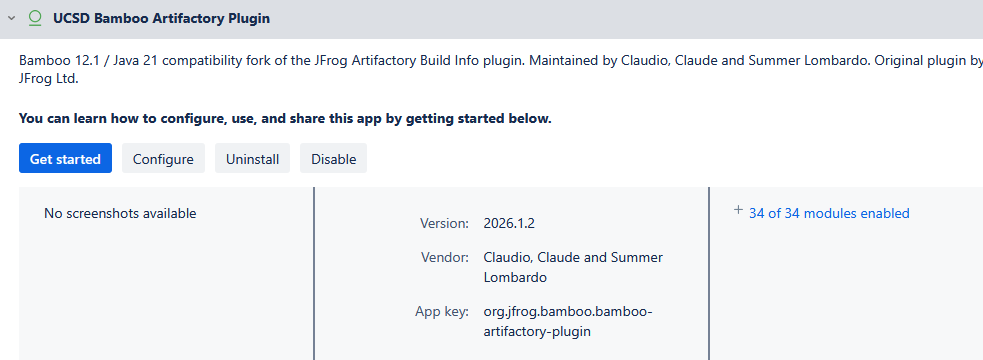 UCSD Bamboo Artifactory Plugin running on Bamboo 12.1